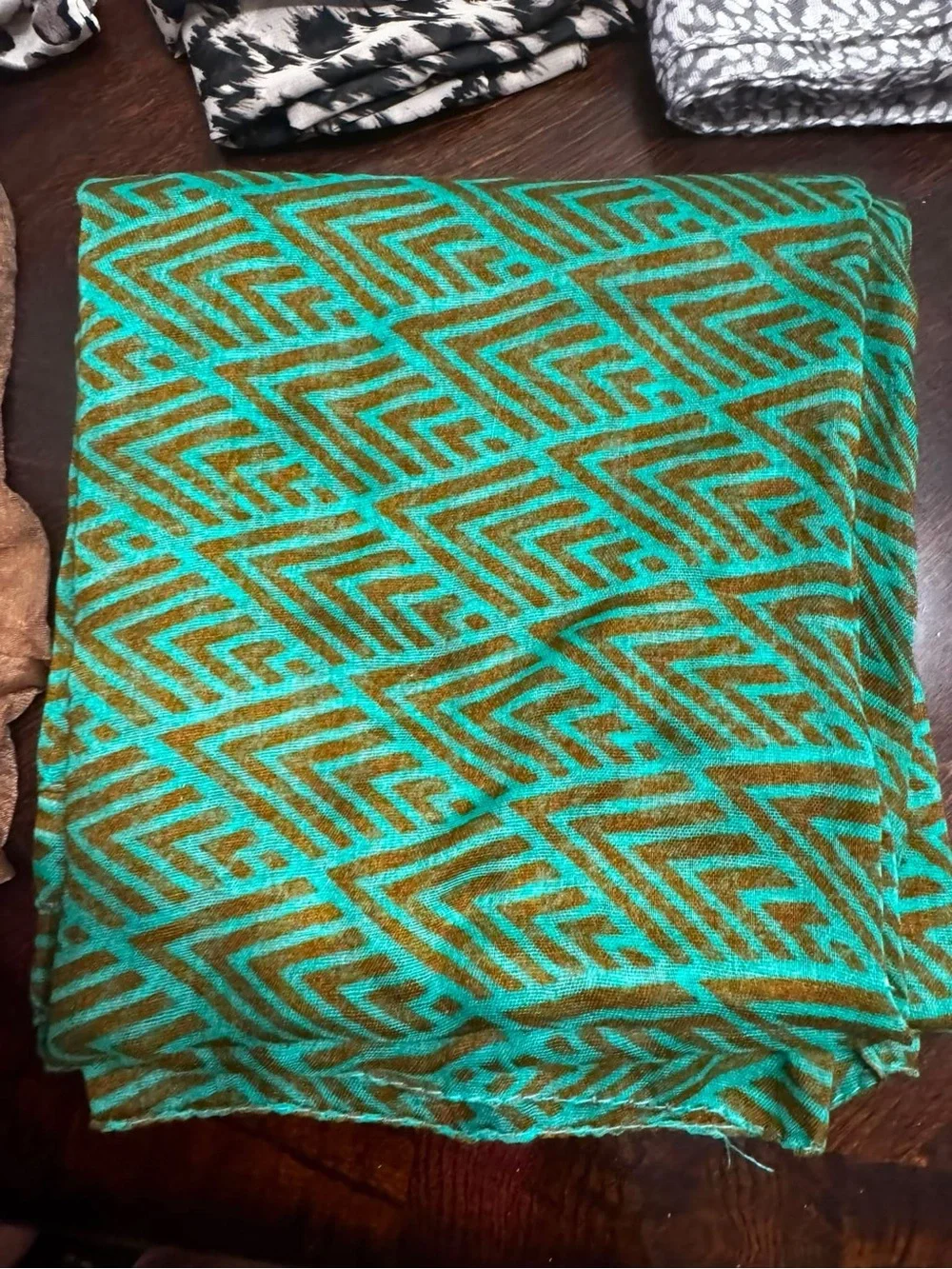 Turquoise & Brown Geometric Pattern Scarf